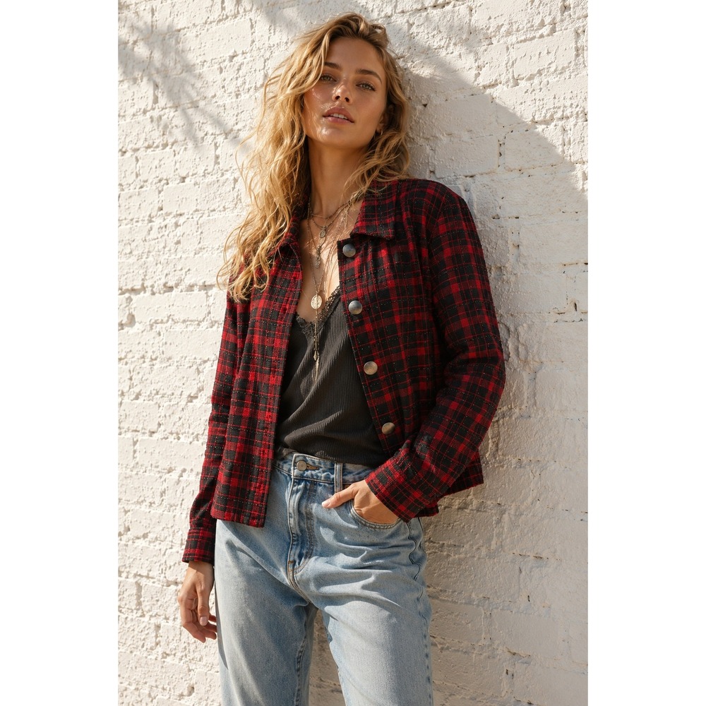 Christopher & Banks Red Black Plaid Rayon Blend Button Down Shacket 90s Small